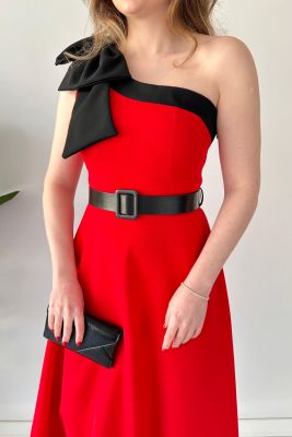 Tek Omuz Fiyonk Elbise Kırmızı - Thumbnail