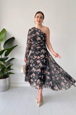 Tek Omuz Floral Tül Elbise Siyah - Thumbnail