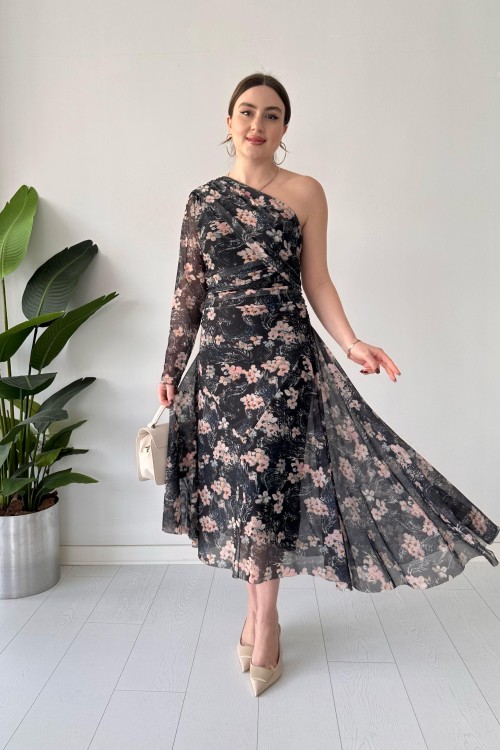 Robe asymétrique en tulle fleuri noir