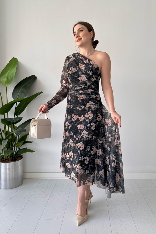 Robe asymétrique en tulle fleuri noir