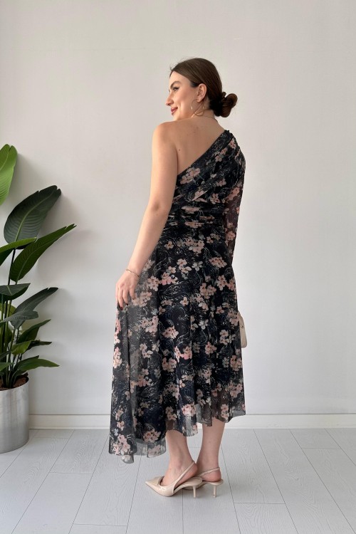 Robe asymétrique en tulle fleuri noir