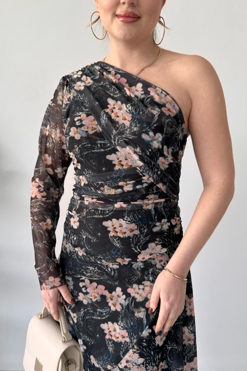 Robe asymétrique en tulle fleuri noir