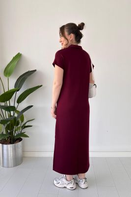 Üç Düğmeli Modal Elbise Bordo - Thumbnail