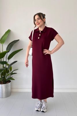 Üç Düğmeli Modal Elbise Bordo - Thumbnail