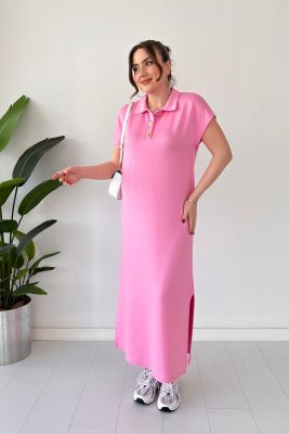 Üç Düğmeli Modal Elbise Pembe - Thumbnail