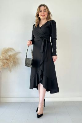 Uzun Kol Volanlı Elbise Siyah - Thumbnail