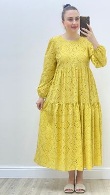 Uzun Kollu Fisto Elbise Sarı - Thumbnail