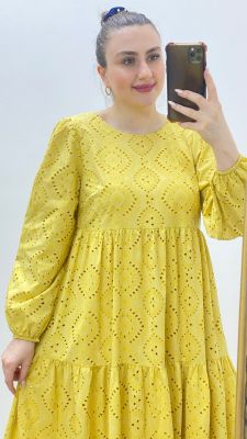 Uzun Kollu Fisto Elbise Sarı - Thumbnail
