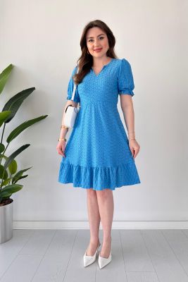 V Yaka Delik İşli Elbise Mavi - Thumbnail