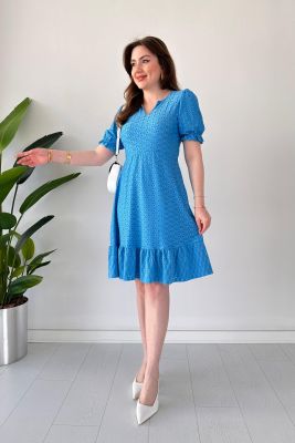 V Yaka Delik İşli Elbise Mavi - Thumbnail