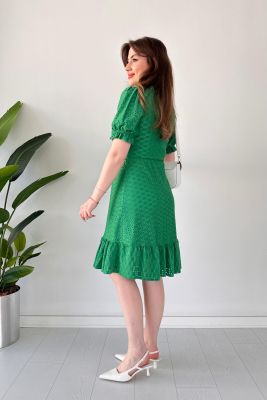 V Yaka Delik İşli Elbise Yeşil - Thumbnail