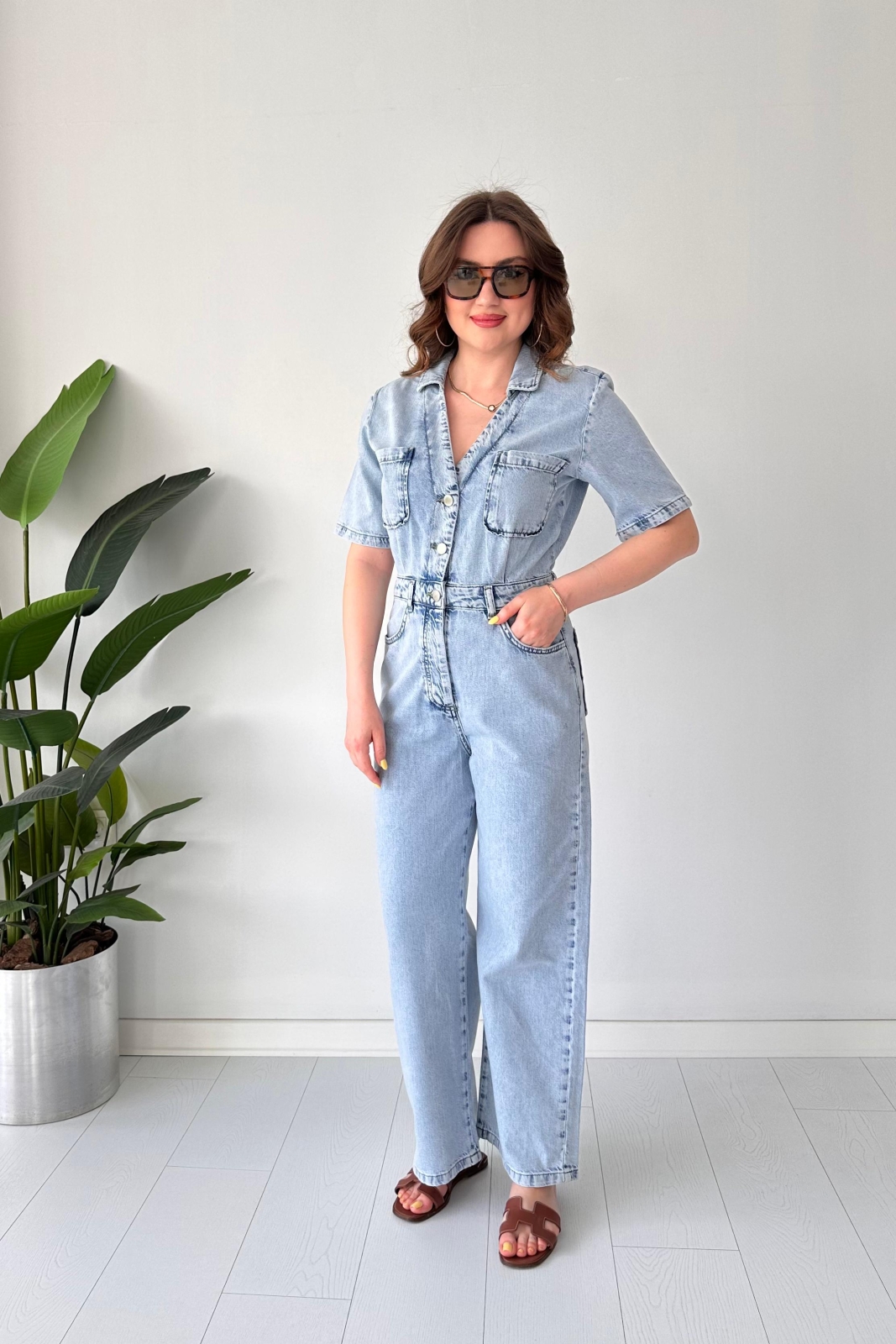 V Yaka Denim Tulum Mavi - Thumbnail