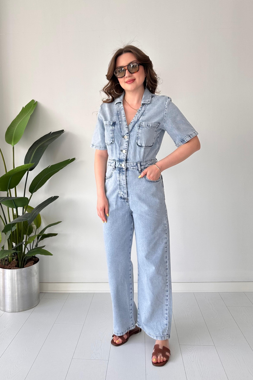 V Yaka Denim Tulum Mavi - Thumbnail