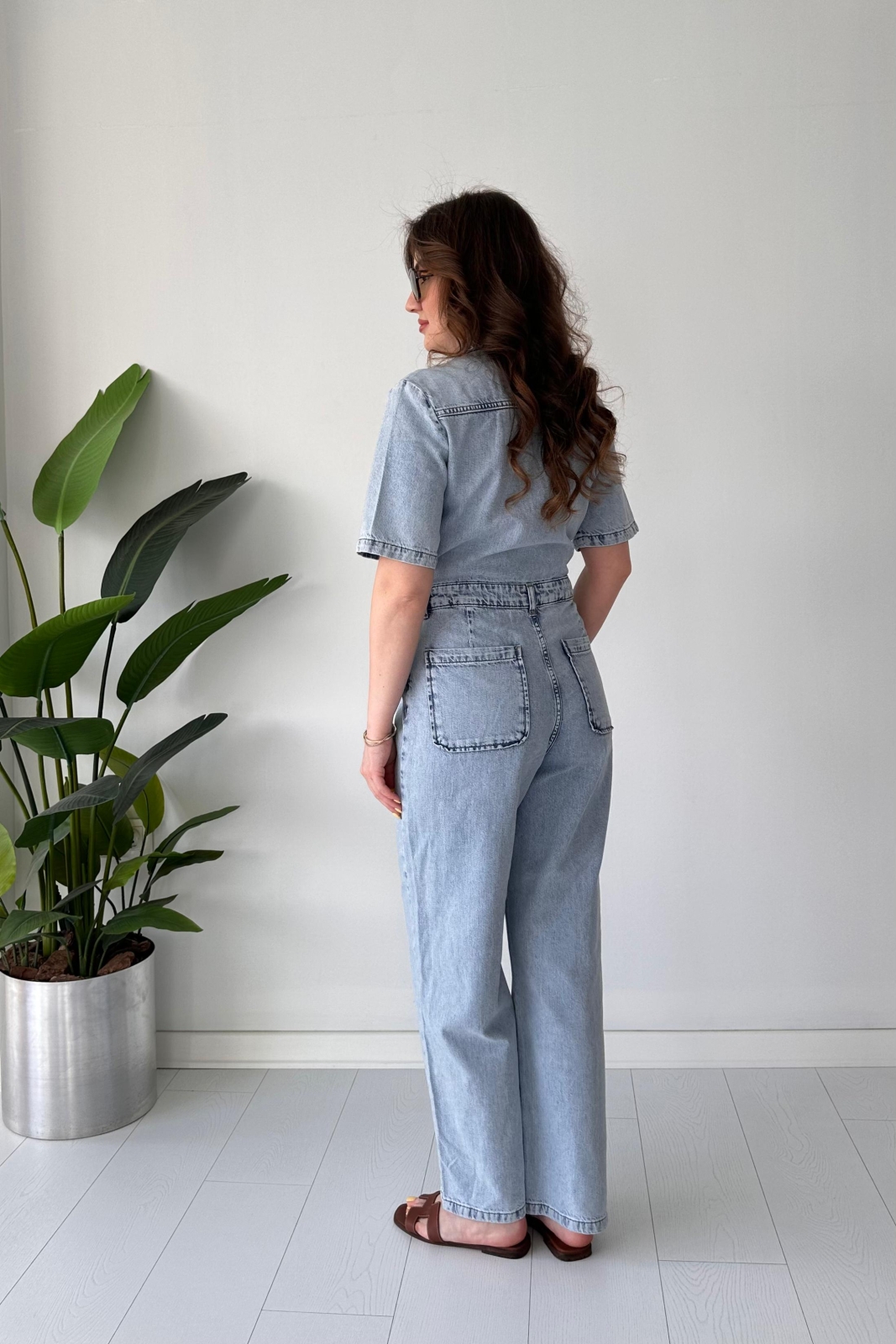 V Yaka Denim Tulum Mavi - Thumbnail