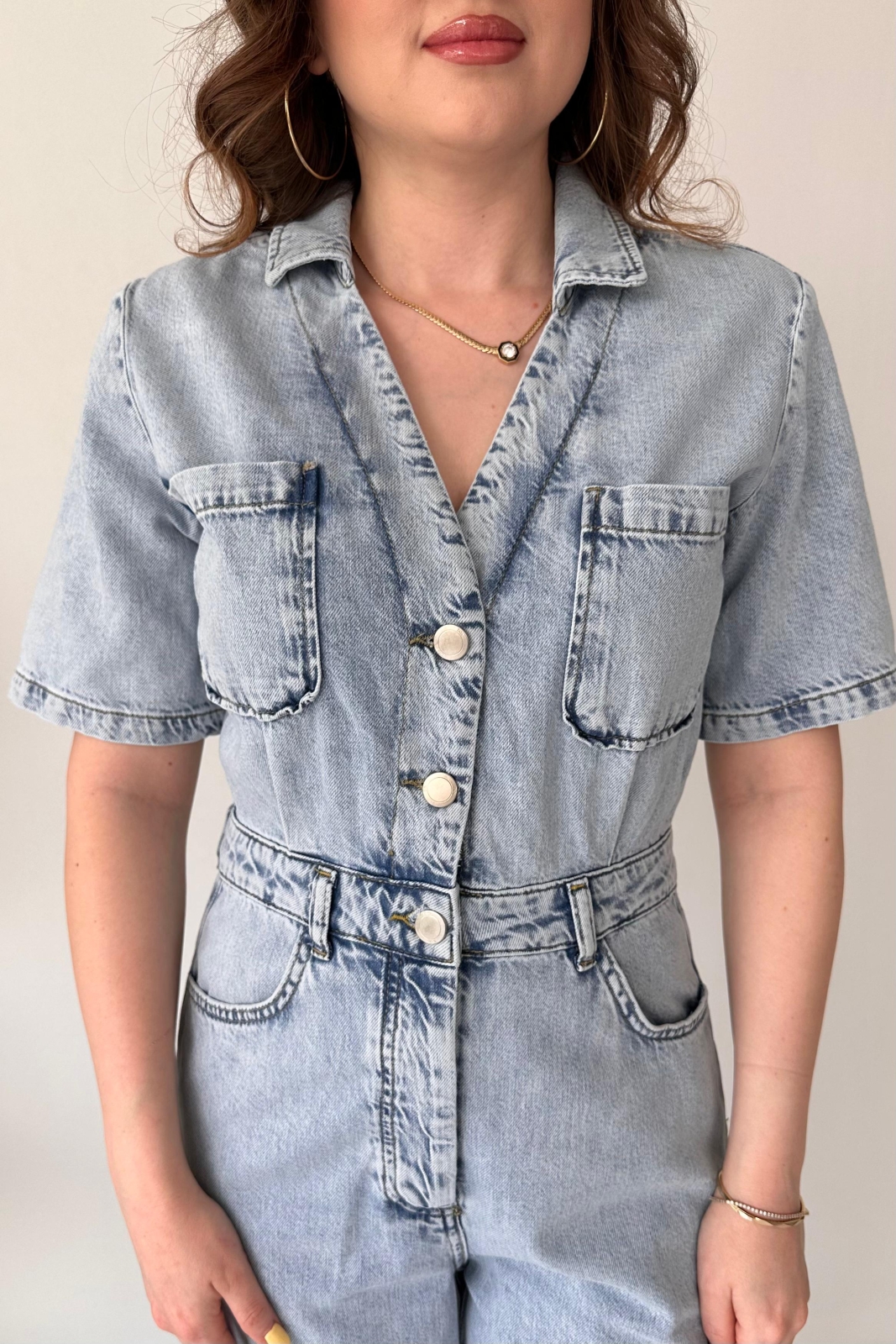 V Yaka Denim Tulum Mavi - Thumbnail