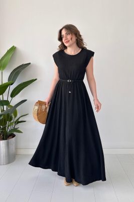 Vatkalı Gofre Elbise Siyah - Thumbnail