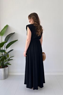 Vatkalı Gofre Elbise Siyah - Thumbnail