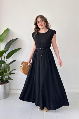Vatkalı Gofre Elbise Siyah - Thumbnail