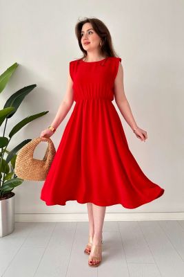 Vatkalı Kolsuz Elbise Kırmızı - Thumbnail
