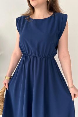 Vatkalı Kolsuz Elbise Lacivert - Thumbnail