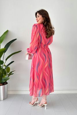 Vatkalı Wave Şifon Elbise Pembe - Thumbnail