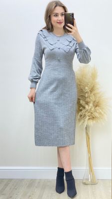 MaziButik - Volan Yakalı Triko Elbise Gri