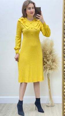 MaziButik - Volan Yakalı Triko Elbise Sarı