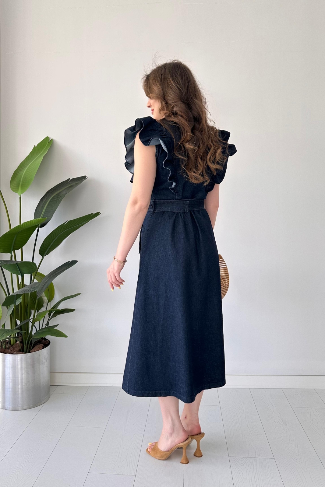 Volanlı Denim Elbise Lacivert - Thumbnail