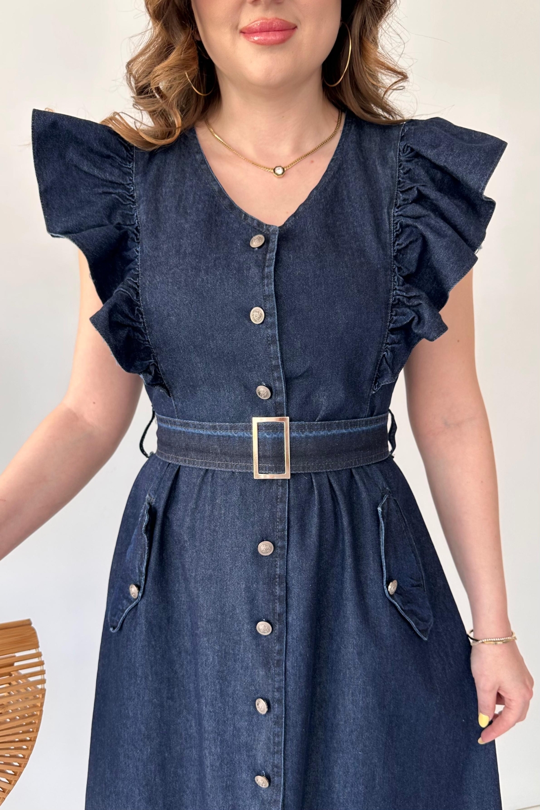 Volanlı Denim Elbise Lacivert - Thumbnail