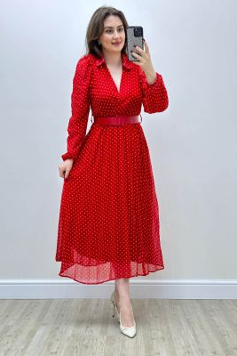 Yakalı Puantiye Şifon Elbise Kırmızı - Thumbnail