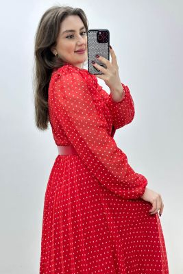 Yakalı Puantiye Şifon Elbise Kırmızı - Thumbnail