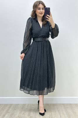 Yakalı Puantiye Şifon Elbise Siyah - Thumbnail