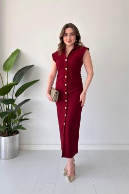Yan Drape Elbise Bordo - Thumbnail