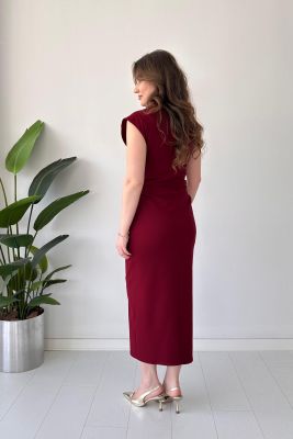 Yan Drape Elbise Bordo - Thumbnail