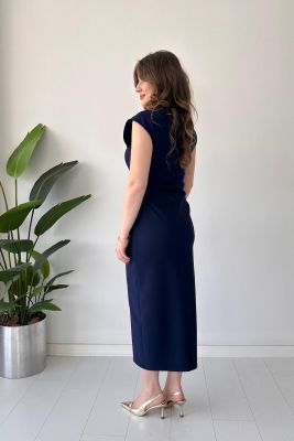 Yan Drape Elbise Lacivert - Thumbnail