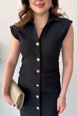 Yan Drape Elbise Siyah - Thumbnail
