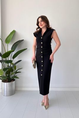 Yan Drape Elbise Siyah - Thumbnail