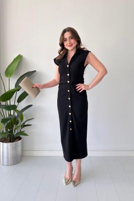 Yan Drape Elbise Siyah - Thumbnail