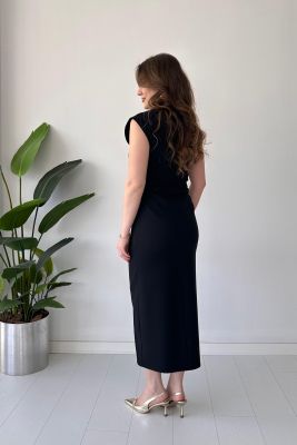 Yan Drape Elbise Siyah - Thumbnail