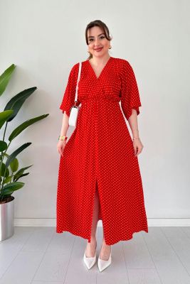 Yarasa Kol Puantiyeli Elbise Kırmızı - Thumbnail