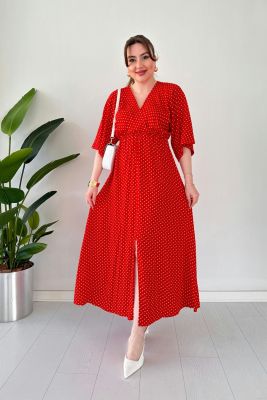 Yarasa Kol Puantiyeli Elbise Kırmızı - Thumbnail