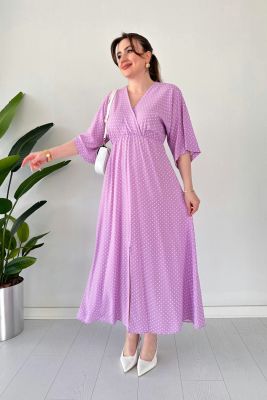 Yarasa Kol Puantiyeli Elbise Lila - Thumbnail