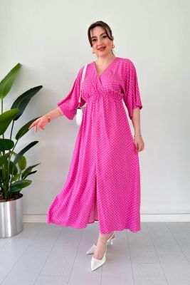 Yarasa Kol Puantiyeli Elbise Pembe - Thumbnail