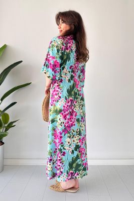 Yarasa Kol Spring Elbise Mavi - Thumbnail