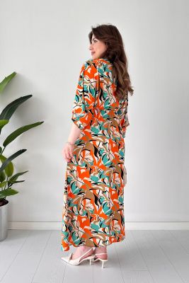 Yarasa Wave Elbise Turuncu - Thumbnail