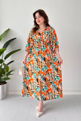 Yarasa Wave Elbise Turuncu - Thumbnail