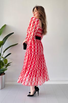 Yarım Ay Desen Kemerli Şifon Elbise Pembe - Thumbnail
