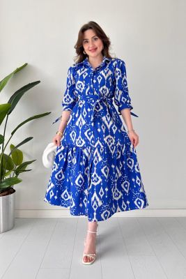 Yarım kol Baskılı Poplin Elbise Saks Mavisi - Thumbnail
