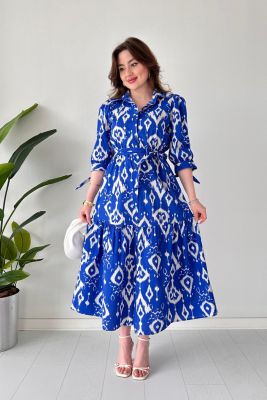 Yarım kol Baskılı Poplin Elbise Saks Mavisi - Thumbnail