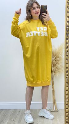 Yazılı Tunik Elbise Sarı - Thumbnail
